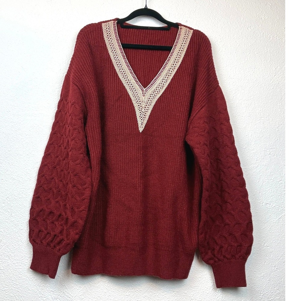 Unbranded Burgundy Knit Sweater - L - Lace V-Neck Cable Sleeve Boho Cozy